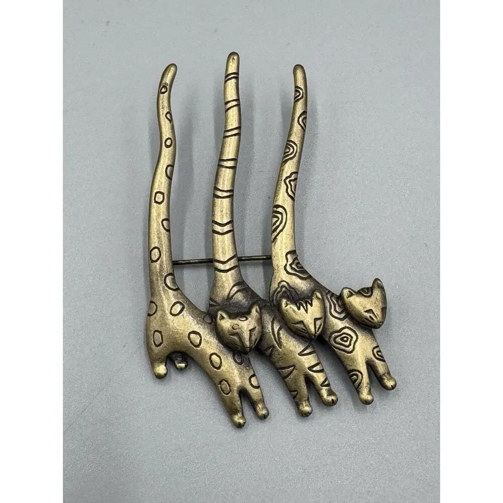 Vintage JJ Jonette Jewelry 3 Cats‎ Trio W/ Long Tails Aztec Design Brooch READ